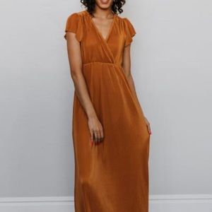 ATHENA SAFFRON SATIN PLEATED MAXI DRESS